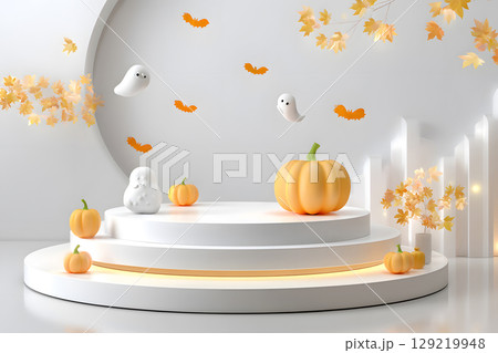 Minimal Halloween product display mockup with white podium, pumpkins, and spooky elements. Perfect for showcasing products or promotional graphics. 129219948