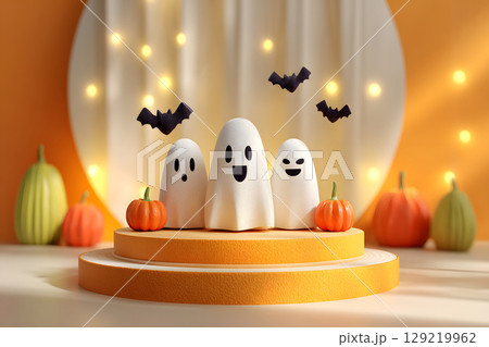 Minimal Halloween product display mockup with white podium, pumpkins, and spooky elements. Perfect for showcasing products or promotional graphics. Minimal Halloween product display mockup with white podium, pumpkins, and spooky elements. Perfect for showcasing products or promotional graphics. 129219962
