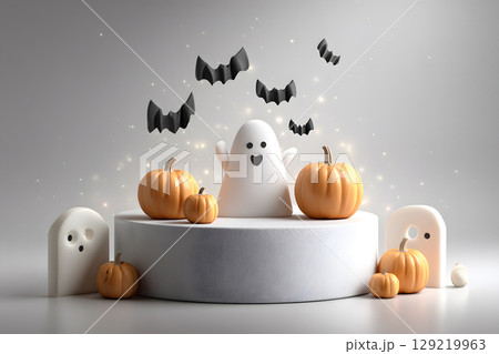 Minimal Halloween product display mockup with white podium, pumpkins, and spooky elements. Perfect for showcasing products or promotional graphics. Minimal Halloween product display mockup with white podium, pumpkins, and spooky elements. Perfect for showcasing products or promotional graphics. 129219963