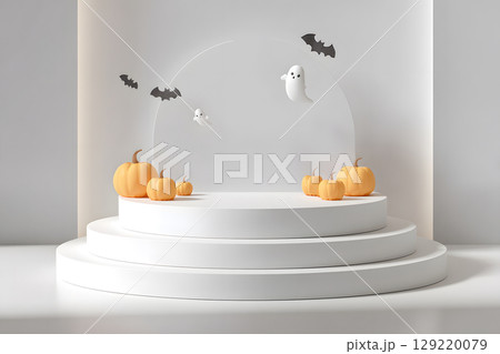 Minimal Halloween product display mockup with white podium, pumpkins, and spooky elements. Perfect for showcasing products or promotional graphics. Minimal Halloween product display mockup with white podium, pumpkins, and spooky elements. Perfect for showcasing products or promotional graphics. 129220079