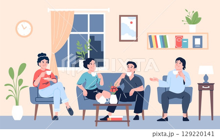 Friends drink coffee. Couples meeting at home, friendship and relationship. Young people drinking in living room and talking, recent vector scene 129220141