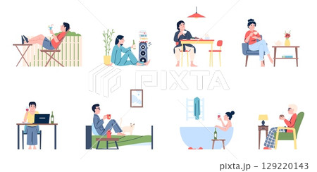 Leisure time with drinks. Old and young people drinking at home and outside, in garden, in bed or bathtub. Day evening rest and relaxation, recent vector scenes Leisure time with drinks. Old and young people drinking at home and outside, in garden, in bed or bathtub. Day evening rest and relaxation, recent vector scenes 129220143