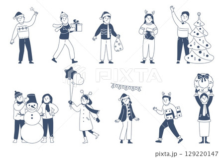 Christmas celebrating line characters. Adults prepare new year, with gift, decorations and xmas tree. Happy winter holidays, doodle people recent vector set 129220147