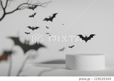 Floating podium mockup with spooky pumpkin shadow on the wall. Ideal for Halloween-themed product display or advertising. 129220164