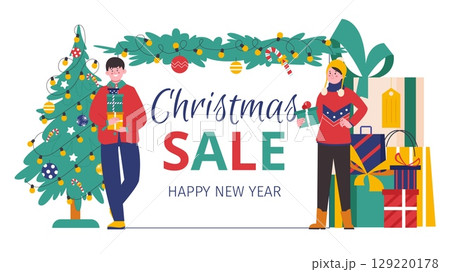 Winter christmas sale banner. Cute characters with gifts and presents bags and boxes. New Year discount, seasonal shopping time, vector background Winter christmas sale banner. Cute characters with gifts and presents bags and boxes. New Year discount, seasonal shopping time, vector background 129220178