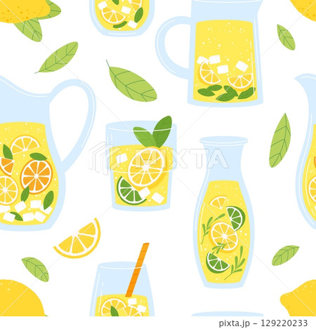 Refreshing drinks. Lemonade seamless pattern, green leaves, lemon slices. Glass jar and glasses with drink. Fresh homemade beverages, vector background Refreshing drinks. Lemonade seamless pattern, green leaves, lemon slices. Glass jar and glasses with drink. Fresh homemade beverages, vector background 129220233