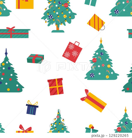 Christmas seamless pattern with gifts and xmas tree with decorations and toys. New Year festive print template, celebrating design, vector background Christmas seamless pattern with gifts and xmas tree with decorations and toys. New Year festive print template, celebrating design, vector background 129220265