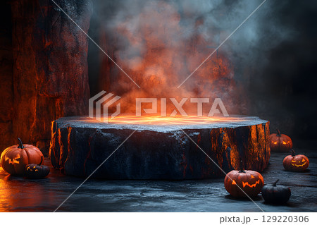 Dark Halloween mockup with black podium and spider web details, enhanced with warm orange lighting. Great for stylish product displays. 129220306