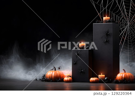 Dark Halloween mockup with black podium and spider web details, enhanced with warm orange lighting. Great for stylish product displays. 129220364