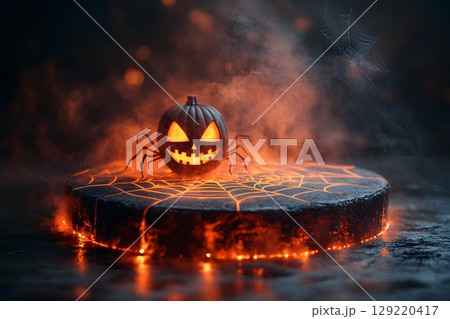 Dark Halloween mockup with black podium and spider web details, enhanced with warm orange lighting. Great for stylish product displays. 129220417