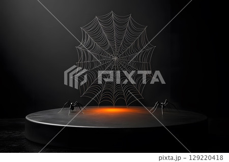 Dark Halloween mockup with black podium and spider web details, enhanced with warm orange lighting. Great for stylish product displays. 129220418