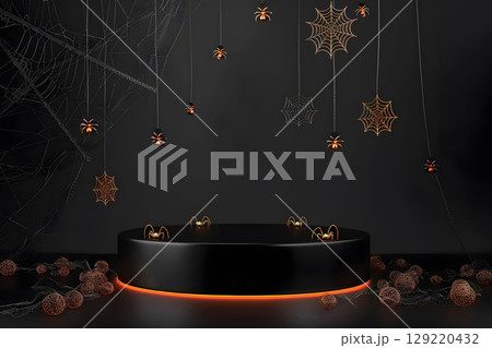 Dark Halloween mockup with black podium and spider web details, enhanced with warm orange lighting. Great for stylish product displays. 129220432