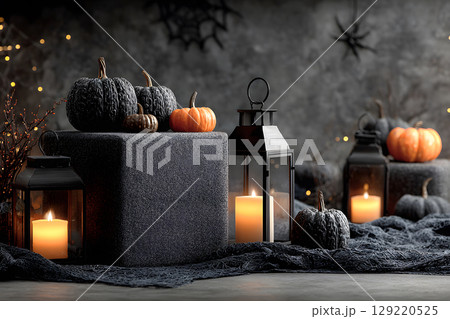 Dark Halloween mockup with black podium and spider web details, enhanced with warm orange lighting. Great for stylish product displays. 129220525