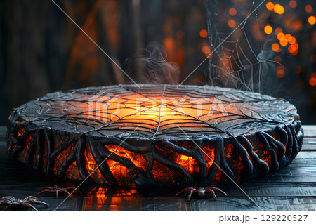 Dark Halloween mockup with black podium and spider web details, enhanced with warm orange lighting. Great for stylish product displays. 129220527