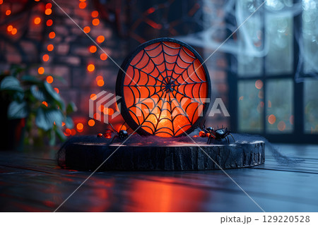 Dark Halloween mockup with black podium and spider web details, enhanced with warm orange lighting. Great for stylish product displays. 129220528