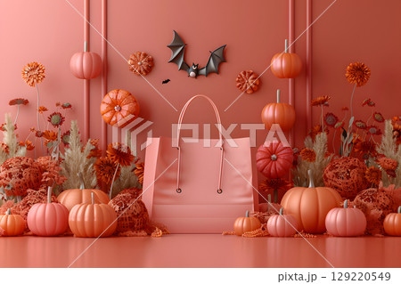 Halloween shopping mockup with blank shopping bag on a podium, surrounded by themed props. Perfect for e-commerce or seasonal sales. 129220549