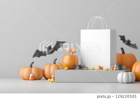 Halloween shopping mockup with blank shopping bag on a podium, surrounded by themed props. Perfect for e-commerce or seasonal sales. 129220583