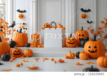 Halloween shopping mockup with blank shopping bag on a podium, surrounded by themed props. Perfect for e-commerce or seasonal sales. 129220683