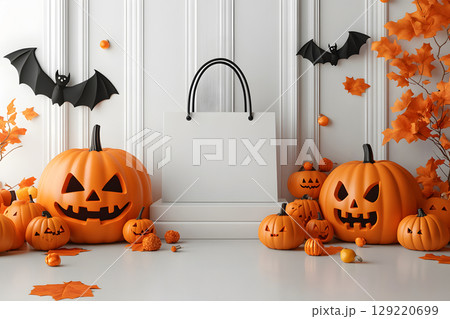 Halloween shopping mockup with blank shopping bag on a podium, surrounded by themed props. Perfect for e-commerce or seasonal sales. 129220699