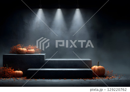 Halloween spotlight podium with pumpkins and stage feel. Perfect for hero product shots or bold promotional visuals. 129220762