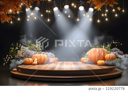 Halloween spotlight podium with pumpkins and stage feel. Perfect for hero product shots or bold promotional visuals. 129220776
