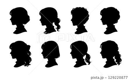 お嬢様風・女性の横顔シルエット素材 129220877
