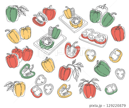 Bell pepper plant. Bell pepper collection. Illustrations of bell peppers - whole, sliced and on the bush. Hand drawn illustration. Bell pepper plant. Bell pepper collection. Illustrations of bell peppers - whole, sliced and on the bush. Hand drawn illustration. 129220879