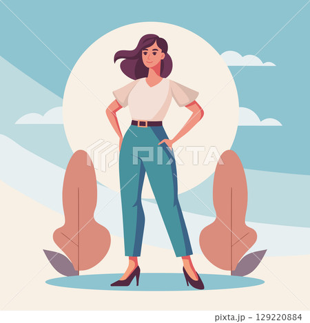 Fashionable confident woman in trendy clothes, modern female. Illustration, flat style. 129220884