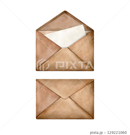 Watercolor set of closed and open craft envelope with letter. Good for postcards, recipes, menu, invitations, greeting cards Watercolor set of closed and open craft envelope with letter. Good for postcards, recipes, menu, invitations, greeting cards 129221060