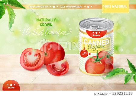 Canned tomato ad. Realistic tomatoes paste can label advertising mockup template banner design, tin vegetable food product cooking soup sauce ingredient, exact vector illustration 129221119