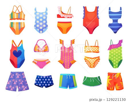 Swimsuits for children. Kids swimwear, child summer beach clothes swimsuit girls boys swimming trunks kid underpants for sea pool water swim sun bathing, swanky vector illustration 129221130