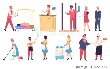 Hotel staff. Hospitality service employee, reception manager waiter doorman concierge receptionist restaurant worker maid bellboy porter job uniform, set classy vector illustration Hotel staff. Hospitality service employee, reception manager waiter doorman concierge receptionist restaurant worker maid bellboy porter job uniform, set classy vector illustration 129221134