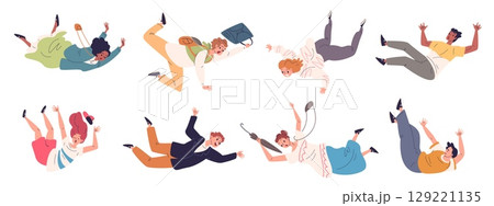 Falling fly people. Young man woman free fall down, person flying poses floating in sky air jumping guy girl teenager characters freedom imagination classy vector illustration Falling fly people. Young man woman free fall down, person flying poses floating in sky air jumping guy girl teenager characters freedom imagination classy vector illustration 129221135