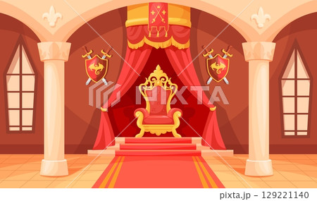 Royal throne room. King palace royal hall cartoon interior, kingdom medieval castle fairytale ballroom inside game background ancient monarch chair museum, neat vector illustration 129221140