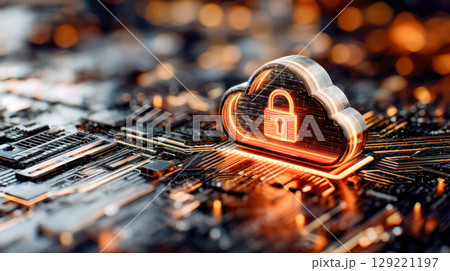 Futuristic cloud cybersecurity concept featuring a glowing lock symbol on a circuit board, representing advanced data protection and digital security 129221197