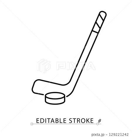 A hockey stick icon in minimalist style with editable stroke. Ice sport equipment, puck and stick, winter game object, training tool, competition element, skating gear, match symbol, outline design. A hockey stick icon in minimalist style with editable stroke. Ice sport equipment, puck and stick, winter game object, training tool, competition element, skating gear, match symbol, outline design. 129221242