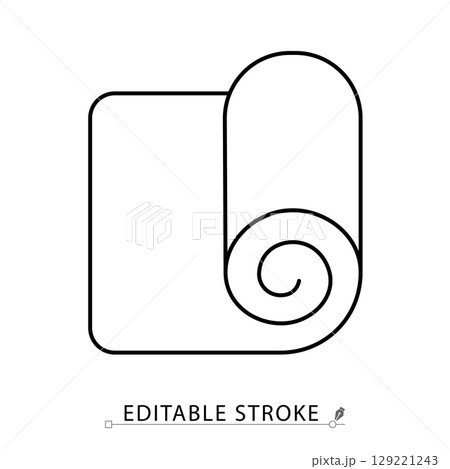 A yoga mat icon in minimalist style with editable stroke. Fitness equipment, workout surface, training gear, exercise object, wellness tool, indoor activity, sport element, rolled mat, outline design. 129221243
