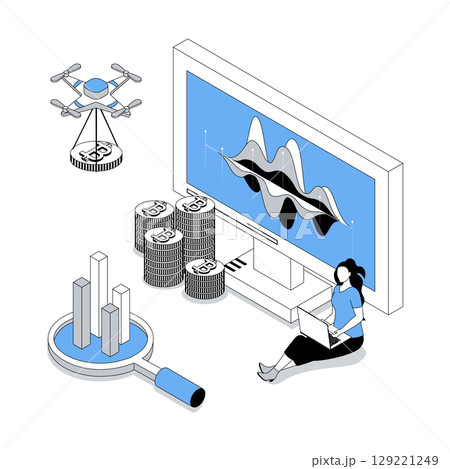 Cryptocurrency 3d isometric concept with isometry people design for web. Woman making analyzing data charts, investments at crypto market, increasing financial income online. Vector illustration Cryptocurrency 3d isometric concept with isometry people design for web. Woman making analyzing data charts, investments at crypto market, increasing financial income online. Vector illustration 129221249