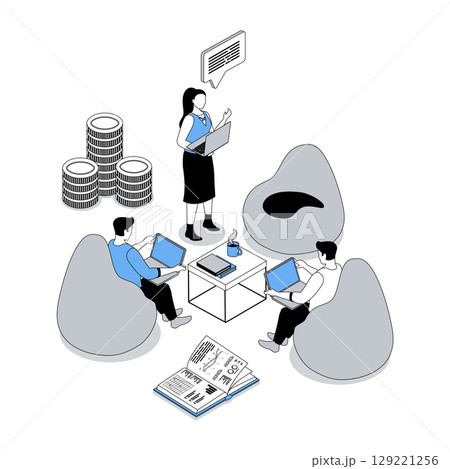 Coworking 3d isometric concept with isometry people design for web. Company team work at laptops at meeting, discussing project and brainstorming, staff talking and consultation. Vector illustration Coworking 3d isometric concept with isometry people design for web. Company team work at laptops at meeting, discussing project and brainstorming, staff talking and consultation. Vector illustration 129221256