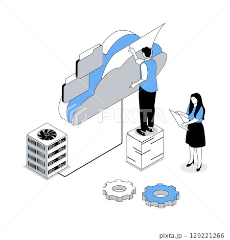Cloud storage 3d isometric concept with isometry people design for web. Team work with virtual infrastructure for uploading and downloading data, processing with online datacente. Vector illustration 129221266