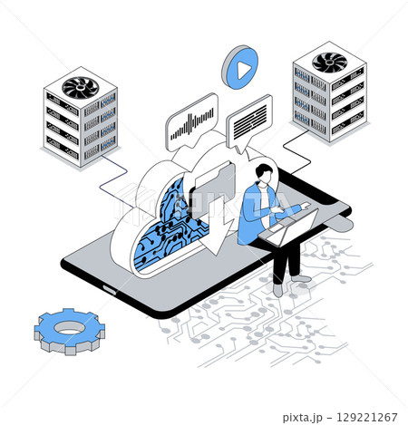 Cloud storage 3d isometric concept with isometry people design for web. User uploading and downloading data, making backup online, processing with datacente, computing at laptop. Vector illustration 129221267