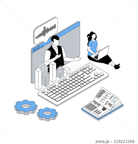 Business training 3d isometric concept with isometry people design for web. Businesswoman learning at video coaching seminar, working with tutor, getting professional progress. Vector illustration Business training 3d isometric concept with isometry people design for web. Businesswoman learning at video coaching seminar, working with tutor, getting professional progress. Vector illustration 129221268