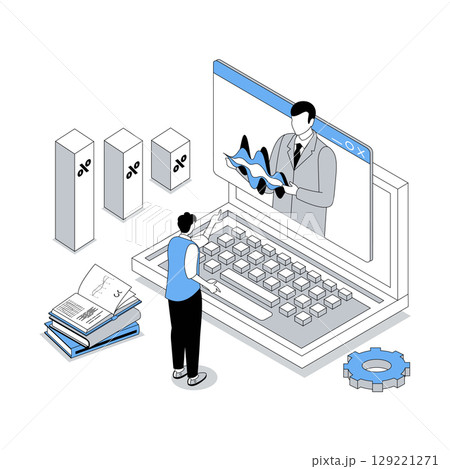 Business training 3d isometric concept with isometry people design for web. Businessman watching professional video seminar, coach teaching and consulting, team developing project. Vector illustration 129221271