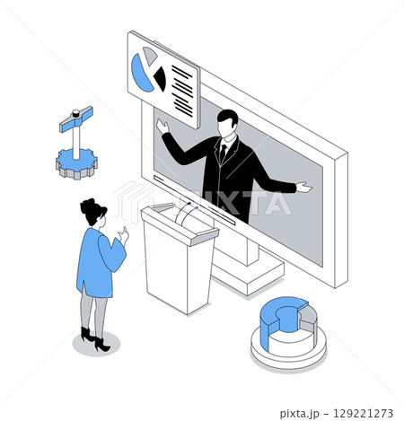 Business training 3d isometric concept with isometry people design for web. Businesswoman watching professional video seminar with coach, learning and improving her job skills. Vector illustration 129221273