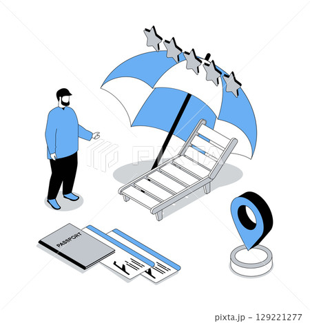 Booking 3d isometric concept with isometry people design for web. Traveller planning summer holiday, orderinf flight tickets with passport, go on vacation on sea beach with sunbed. Vector illustration 129221277