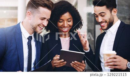 Business group, tablet and happy for communication, funny email or social media in office, together or laugh. Finance workers, comic meme or crazy comedy on web app with happiness, workplace or lunch Business group, tablet and happy for communication, funny email or social media in office, together or laugh. Finance workers, comic meme or crazy comedy on web app with happiness, workplace or lunch 129221515