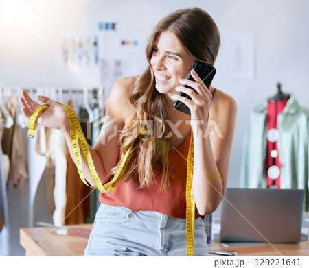 Woman designer, phone call or fashion for communication, networking or contact us in studio office. happy, smile or creative girl with smartphone for vision, mission and goal success with customer 129221641