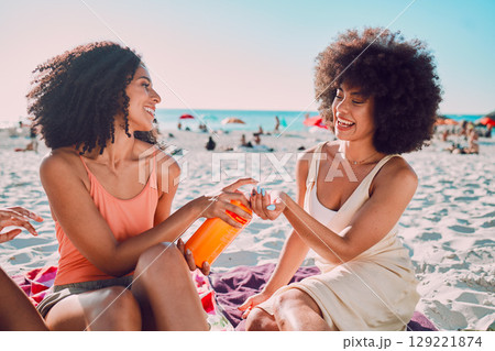 Sunscreen, beach and black woman friends with skincare for summer sunshine, outdoor wellness or holiday on sea sand. Relax, product bottle and sunblock for young women or people by ocean together 129221874