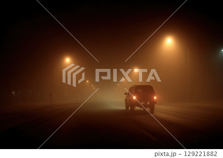 Single Car Driving on Deserted Foggy Highway Under Streetlights at Night 129221882