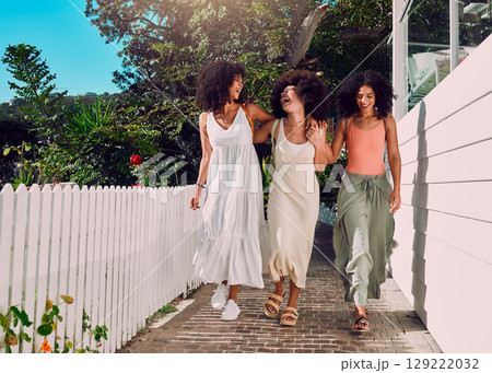 Friends, walking and black woman together in summer for love, friendship communication and countryside travel for support. Sisters, freedom and collaboration in nature for spring and happy woman care 129222032